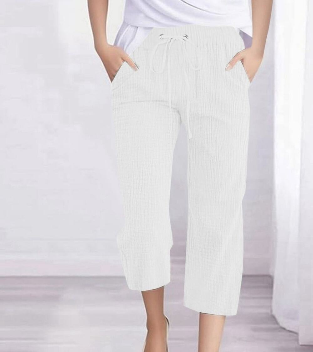 Per Se Women's White Linen Blend Cropped Wide Leg Pants Size XL Pull-On